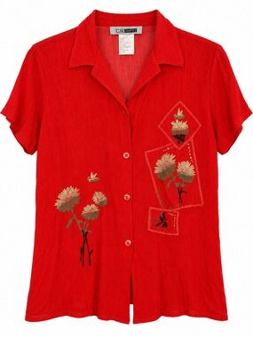 C.M. Shapes Vintage 90s Women’s M Red Rayon Embroidered Button Front Blouse